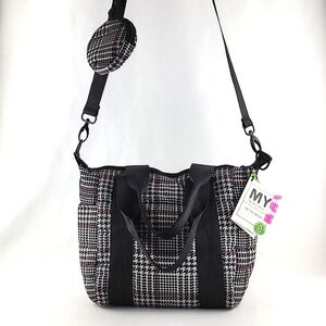 NWT My Tagalongs Women’s Vixen Puffer Tote Plaid Black White Large